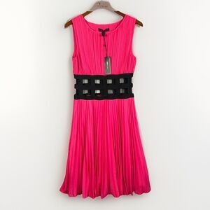 BCBGMaxazria "Gisele" Hot Pink Dress Graduation MED Pleated Black Cage Waistband